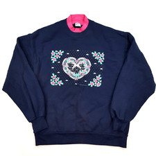 Vintage 90s Cute Heart Flowers Women's Size Large Navy Crewneck Retro Sweatshirt