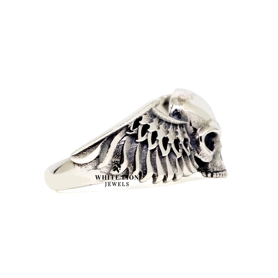 Gotico Punk Teschio Ali 925 Italiano Argento Sterling Biker Rider Uomo Bird Ring - Immagine 3 di 4