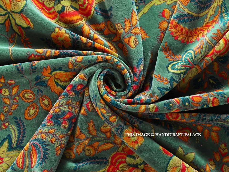 Indian Velvet Upholstery Fabric Sewing Running Fabric Green Floral By The Yard - Image 3 of 4