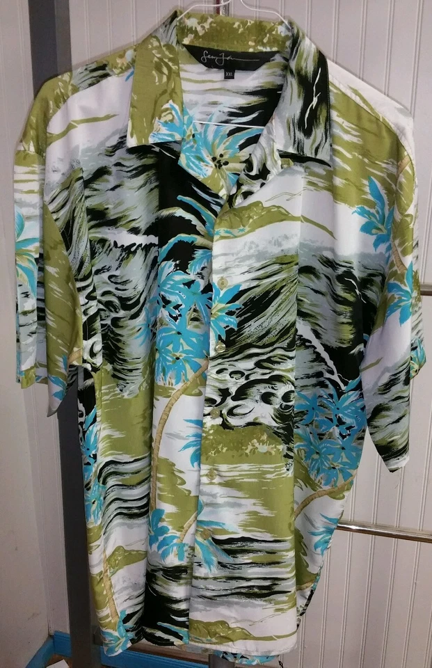 Camisa Hawaiana Para Hombre Sean John Waves Palmeras Multicolor Playa 100% Seda XXL Foto 2 de 4