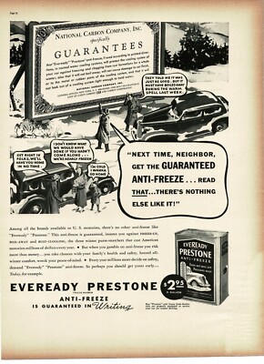 1937 Eveready Prestone Anti-Freeze cars broken down winter snow art Vintage Ad