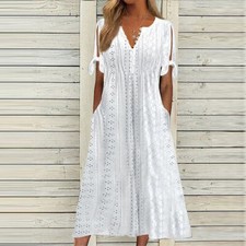Ladies V Neck Long Dresses Women Summer Holiday Hawaiian Short Sleeve Sundress