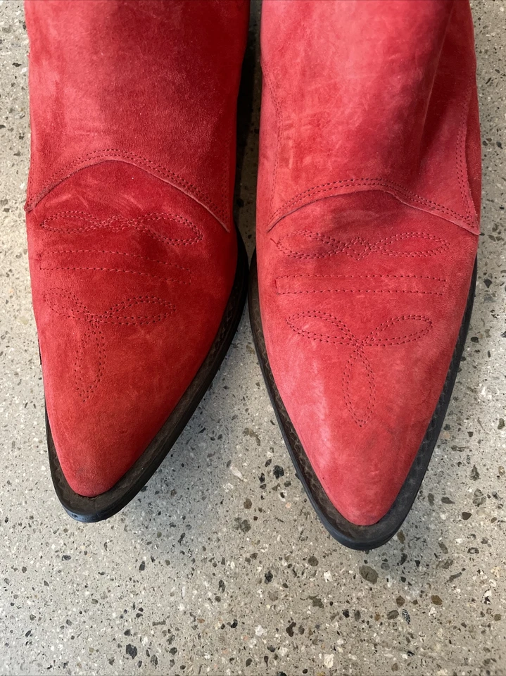 De Colección DOS LABIOS Y2K Mujer 9.5 Grueso Cuero Rojo Vaquero Botines Tacones Zapatos Foto 3 de 4