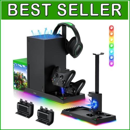 6 in 1 Xbox Series X Stand with LED Lights, Cooling Fan & Dual Recharge Station