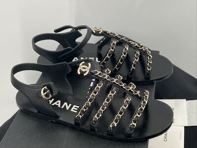CHANEL 2023 interlocking CC logo gladiator open toe black