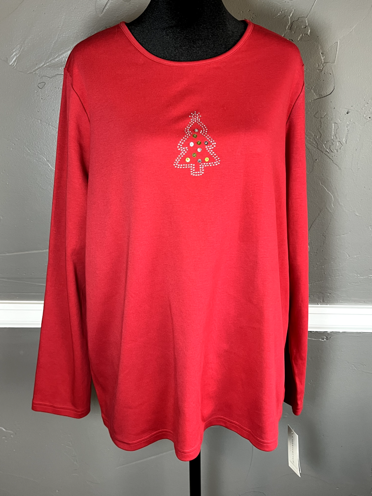 Charter Club Women's Size 1X Red Christmas Tree Sequin 100% Pima Cotton Top