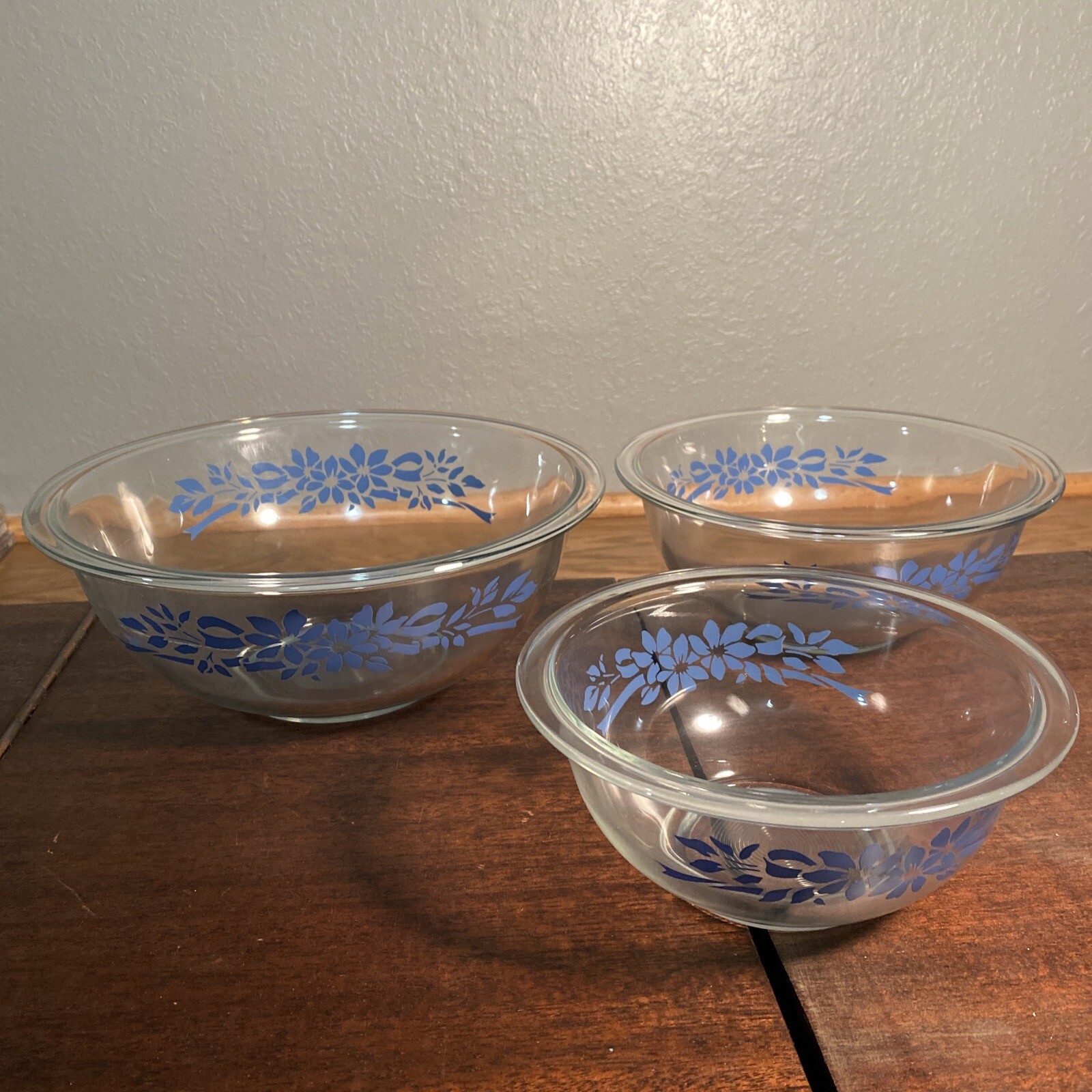 Vintage Pyrex: Clear Blue Flowers Ribbon 322 323 325 Mixing Nesting ...