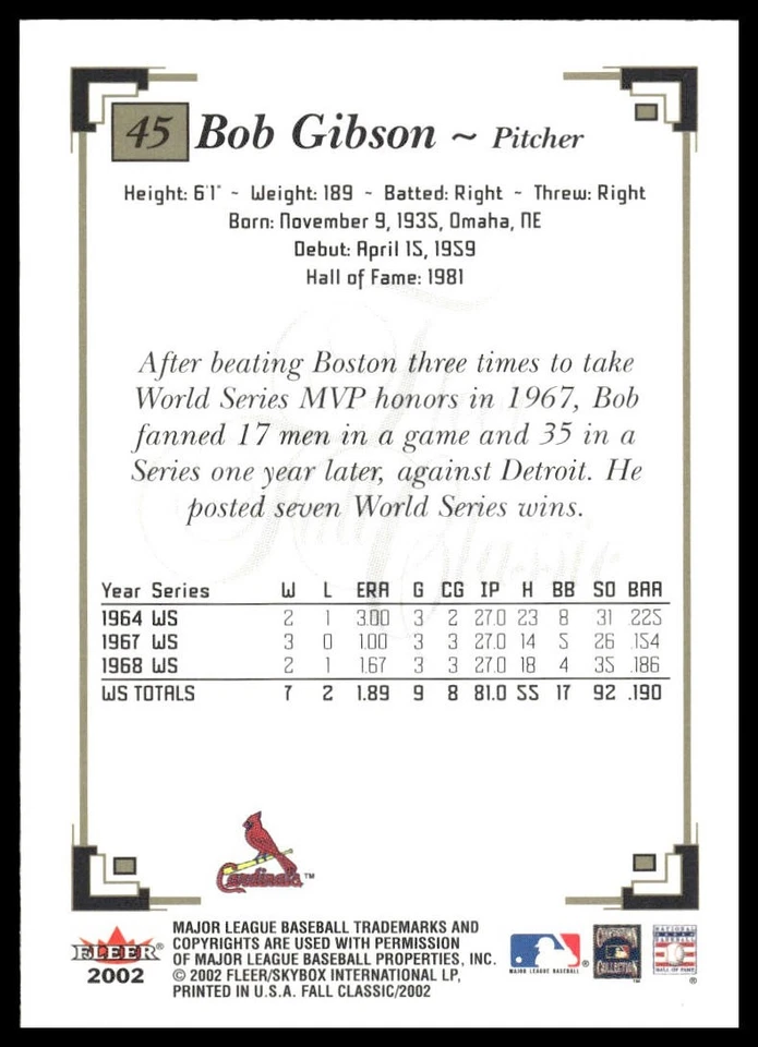 2002 Fleer Fall Classic #45 Bob Gibson St. Louis Cardinals - Image 2 of 2