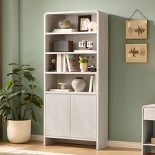 71 6-Tier Curved Wood Bookcase with Storage Doors Adjustable Shelves White