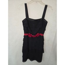 White by Vera Wang Black Tiered Sequin Floral Cocktail Dress Red Ribbon Size 4
