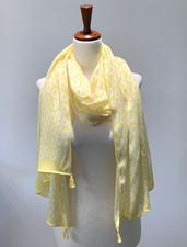 Womens Scarf Sheer Gauzy Yellow / White Print Tasseled 70 X 26