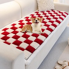 Fuzzy Cream-Coloured Plaid Square Pet Couch Cover for Dogs, Anti-Slip Dog Bed Ma