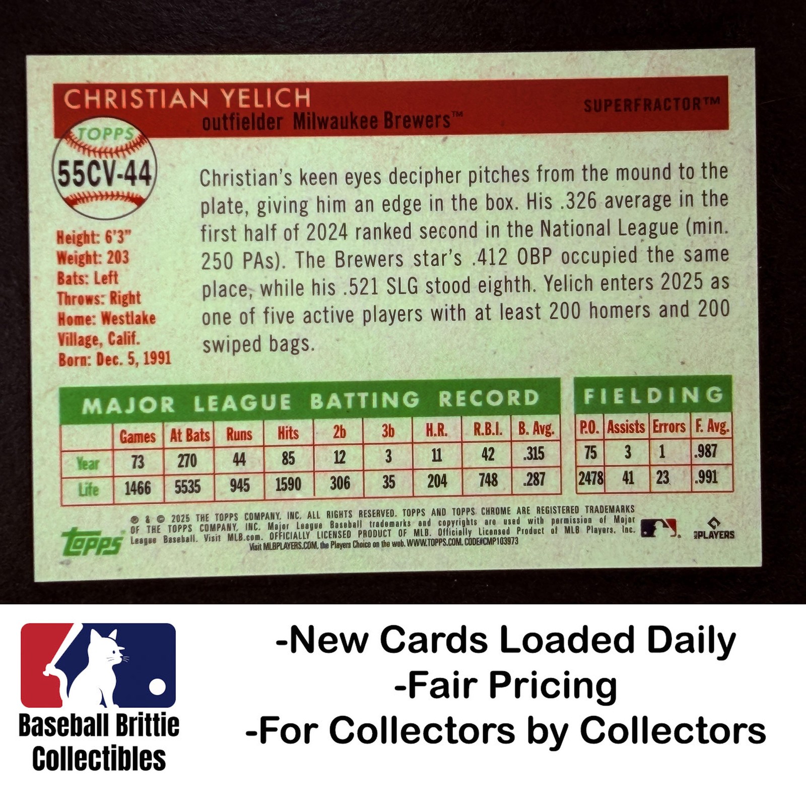 2025 Topps Chrome Platinum Christian Yelich 1955 City Variation SuperFractor 1/1 view 2