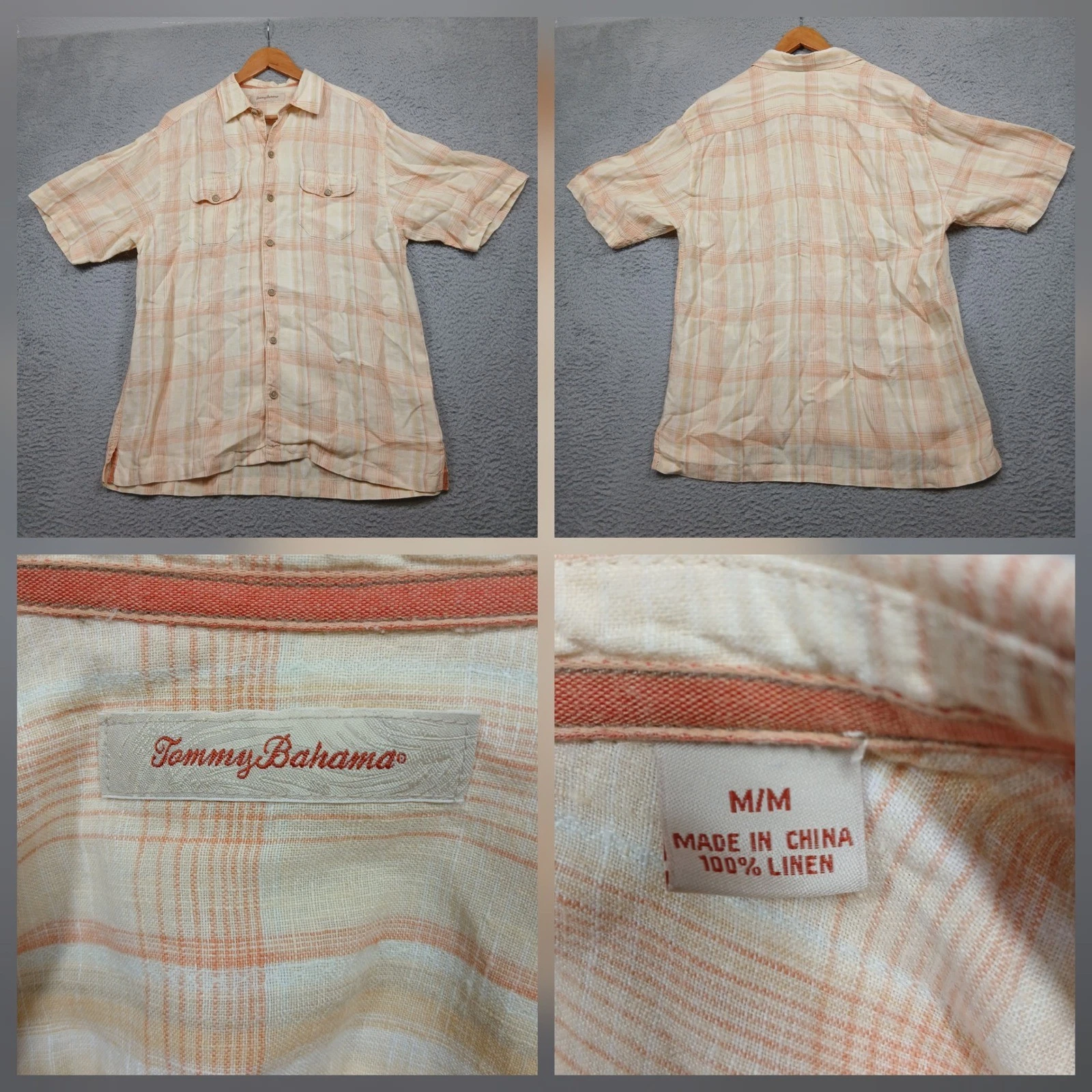 Tommy Bahama Linen Shirt Mens M Beige Orange Plaid Short Sleeve Button Front