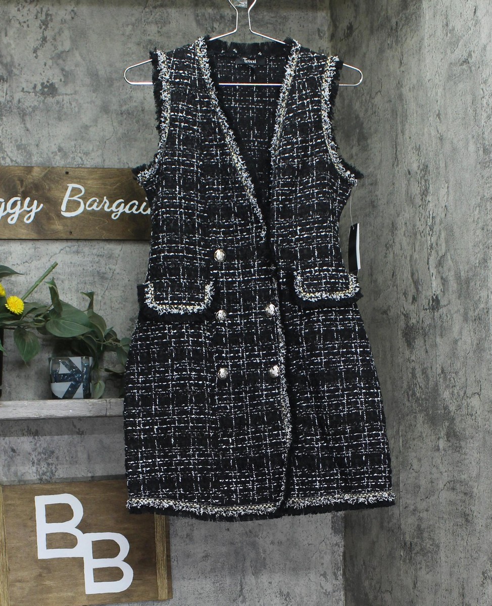 trixxi Fringe-Trim Boucle Sleeveless Faux Pocket Tweed Dress Black