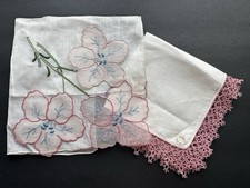 2 Vintage NOS Madeira Hand Embroidery Hankie Pink 3D Trembler Flower Tatted Lace