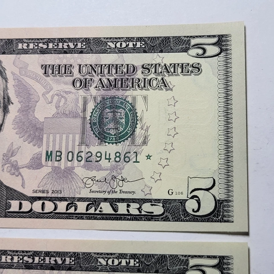 2013 Federal Reserve $5 Dollar ~Consecutive STAR Replacement Notes GEM BU 2-Ct🔥 - Image 3 of 4