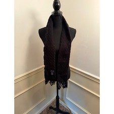 Polo Ralph Lauren Black Cable Knit Scarf Wool Blend Red Pony Logo Fringe Preppy