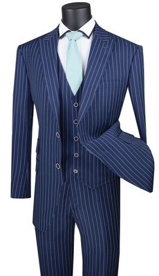 Vinci Men's Regular Fit Gangster Stripe 2-Button 3-Piece Suit Blue