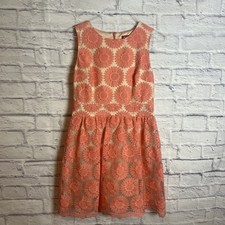 Rene Derhy Vintage Retro Fit & Flare Coral Floral Lace Overlay Party Dress Large