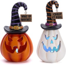 Jack O Lantern Halloween Decorations Indoor, 2Pcs Lighted Pumpkin Decor Resin