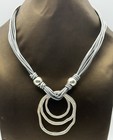 Grey Multi Strand Faux Leather Necklace Silver Tone Circle Pendant Statement