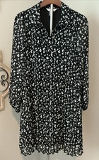 Nine West Georgette Collared Long Sleeve Black Animal Print Pleated Dress XS