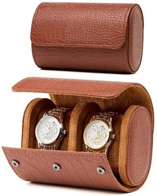 Classic 2 Watch Travel Case- Men's Portable Croc-Embossed 2 Watch Case Brown