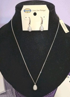 Fossil Brand Jewelry Set Tear Drop 18'' - 20'' Stainless Steel Necklace & Earrings