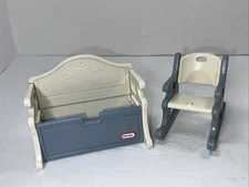 Vintage Little Tikes Dollhouse Size Blue Toy Box Storage Bench Rocking Chair