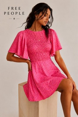Free People Florence Mini Dress XS Pink Floral Smocked Lace Up Back Cottagecore