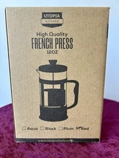 Coffee Tea French Press 12oz Utopia Kitchen Glass & Plastic Red New In Box
