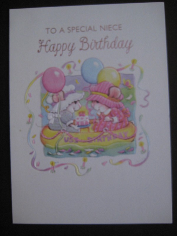 UNUSED vintage greeting card Lawson Falle BIRTHDAY To Niece Mice w/ Cake in Boat