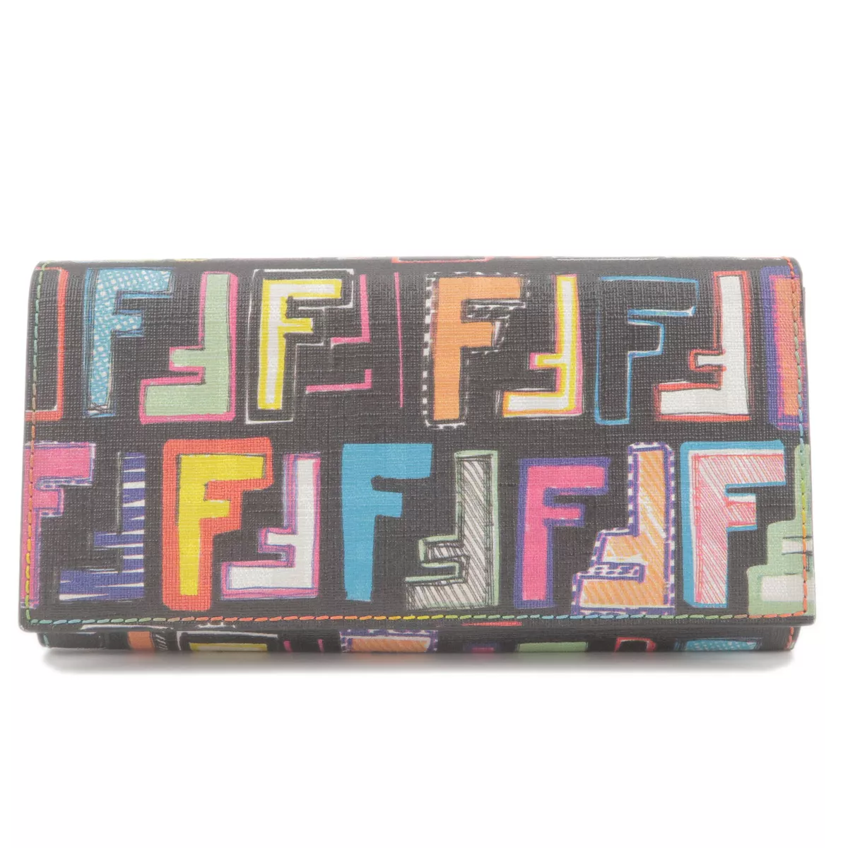Auth FENDI Zucca Print Bi Fold Long Wallet Multicolor PVC 8M0000