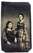 Antique Tintype Photo Two Beautiful Victorian Women Girls Pattern Dress Fashion