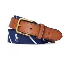 Polo Ralph Lauren Men's Polo Player Leather-Trim Belt 1" Wide Navy US 36/ 90