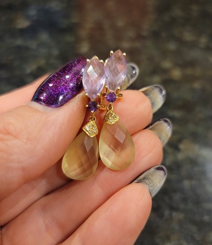 Earrings 14K Yellow Gold Yellow Pink Topaz Amethyst Diamond Large ~ Omega Backs - Picture 8 of 8