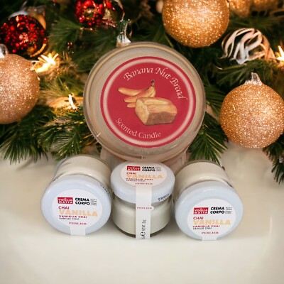 3 Perlier VANILLA CHAI Body Creams + BANANA NUT BREAD Candle Christmas Gift Set