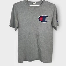 VTG Champion Large Short Sleeve T-Shirt Gray Big C Embroidered Patch