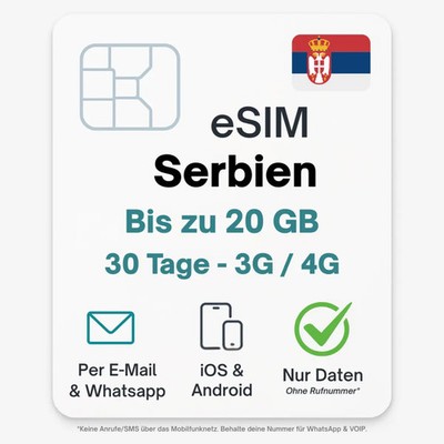 Serbien eSIM Datentarif digitale e SIM - per Mail- ohne Telefon Nummer