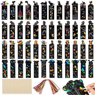 48x Scratch Art Bookmarks with Wooden Stylus & Ribbons, Rainbow DIY