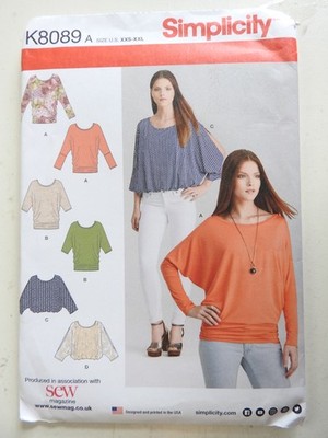 Simplicity K8089 Schnittmuster Jersey Tops Fledermaus Gr. XXS bis XXL UNGESCHNITTEN FF