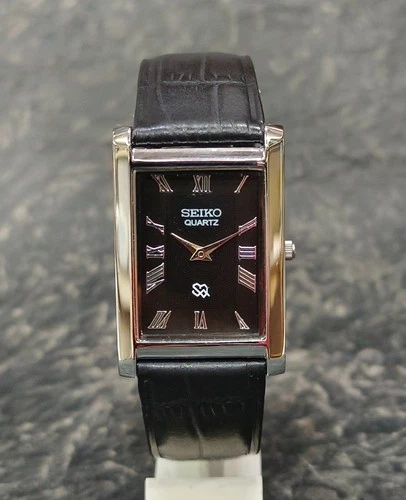 SEIKO Vintage Slim Quartz Tank Style Roman Dial Classic Dress Wristwatch