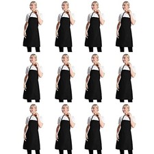 12 Pcs Bib Bulk Black Aprons for Women Men Adult Girls Unisex with 2 Pockets,...