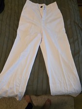 Women's White Flat Front Straight Leg Solid Casual Pants Button Zip Closure