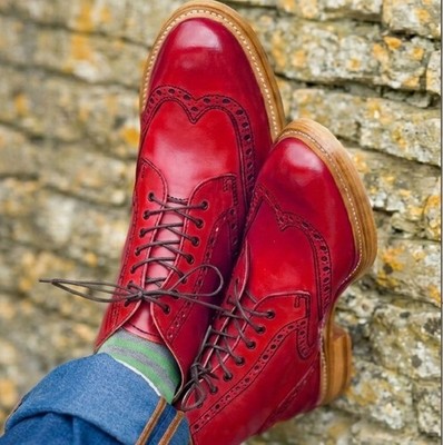 Mens Bloody Red Leather Oxfords Casual Wear Handmade Boot