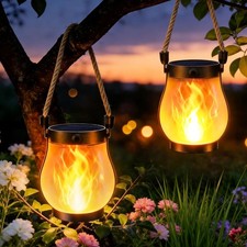 Flickering Flame Solar Hemp Rope Hanging Lanterns, Dancing Flame Garden Lights