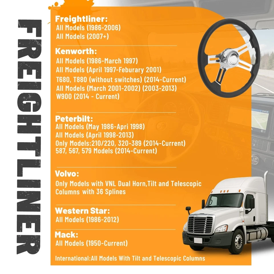 Volante de 4 radios 18" negro para Freightliner/Kenworth/Peterbilt/Volvo Foto 3 de 4