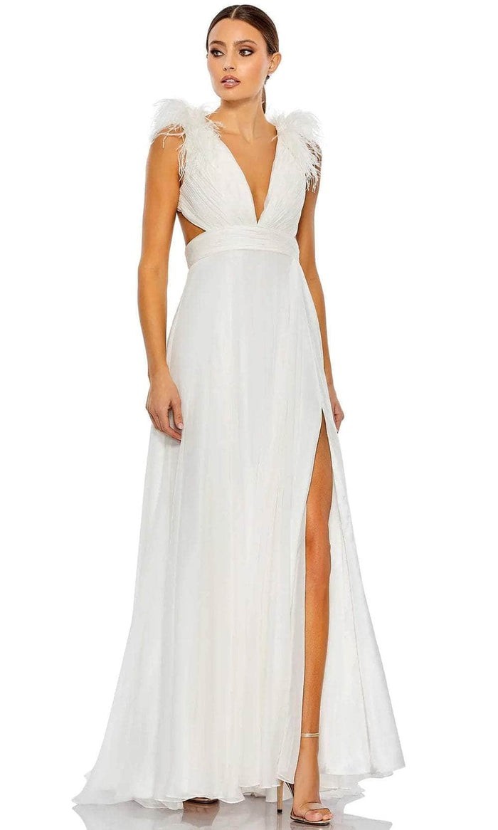 Mac Duggal Feather Shoulder Detailing High Slit Gown White NWT Size 6