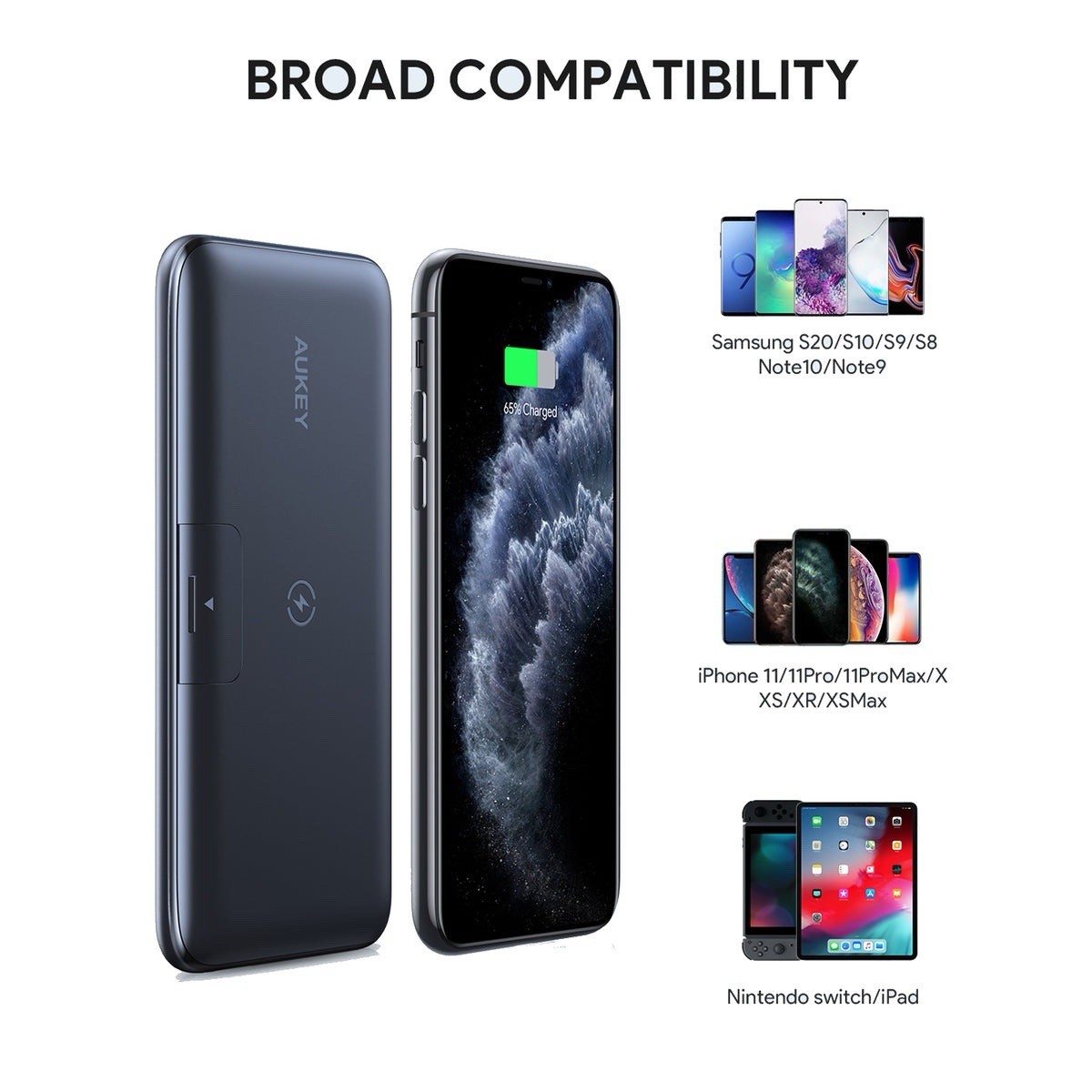 USB C Power Bank, 2 in 1 AUKEY Wireless Portable Charger 10000mAh with Foldable